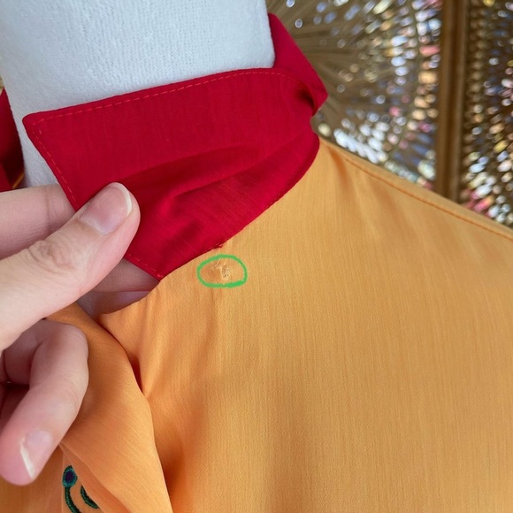 Vintage Eva Polyester Color Block Blouse Red Yellow Green with Embroidered Rose - Picture 3 of 8